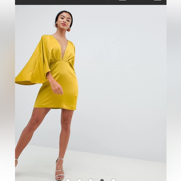 ASOS Petite Dresses & Skirts - ASOS DESIGN - mustard yellow cape kimono sleeve deep plunge mini dress - 00